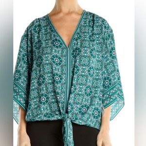 Max Studio Teal and Blue Geometric Tie Blouse Size Medium